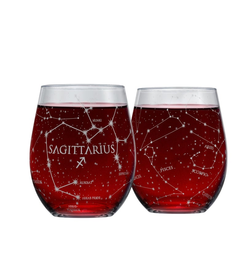 Greenline Goods Sagittarius Stemless Wine Glasses Zodiac Sagittarius Set Hand Etched 15 oz (Set of 2) - Astrology Sign Glassware - Image 1